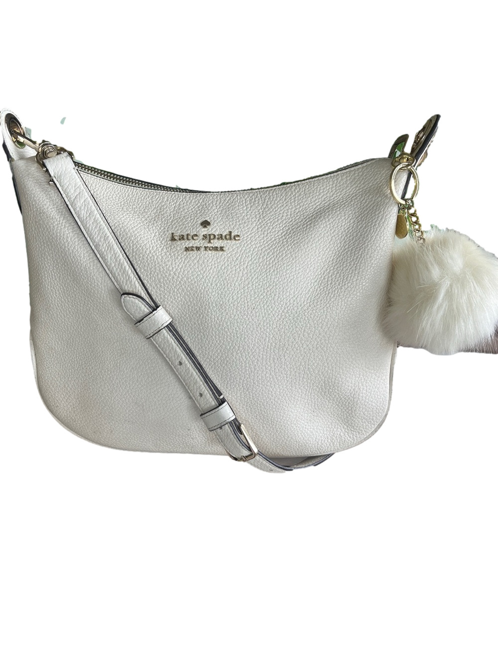 kate spade Cream Pebbled Leather Crossbody with Pom Charm